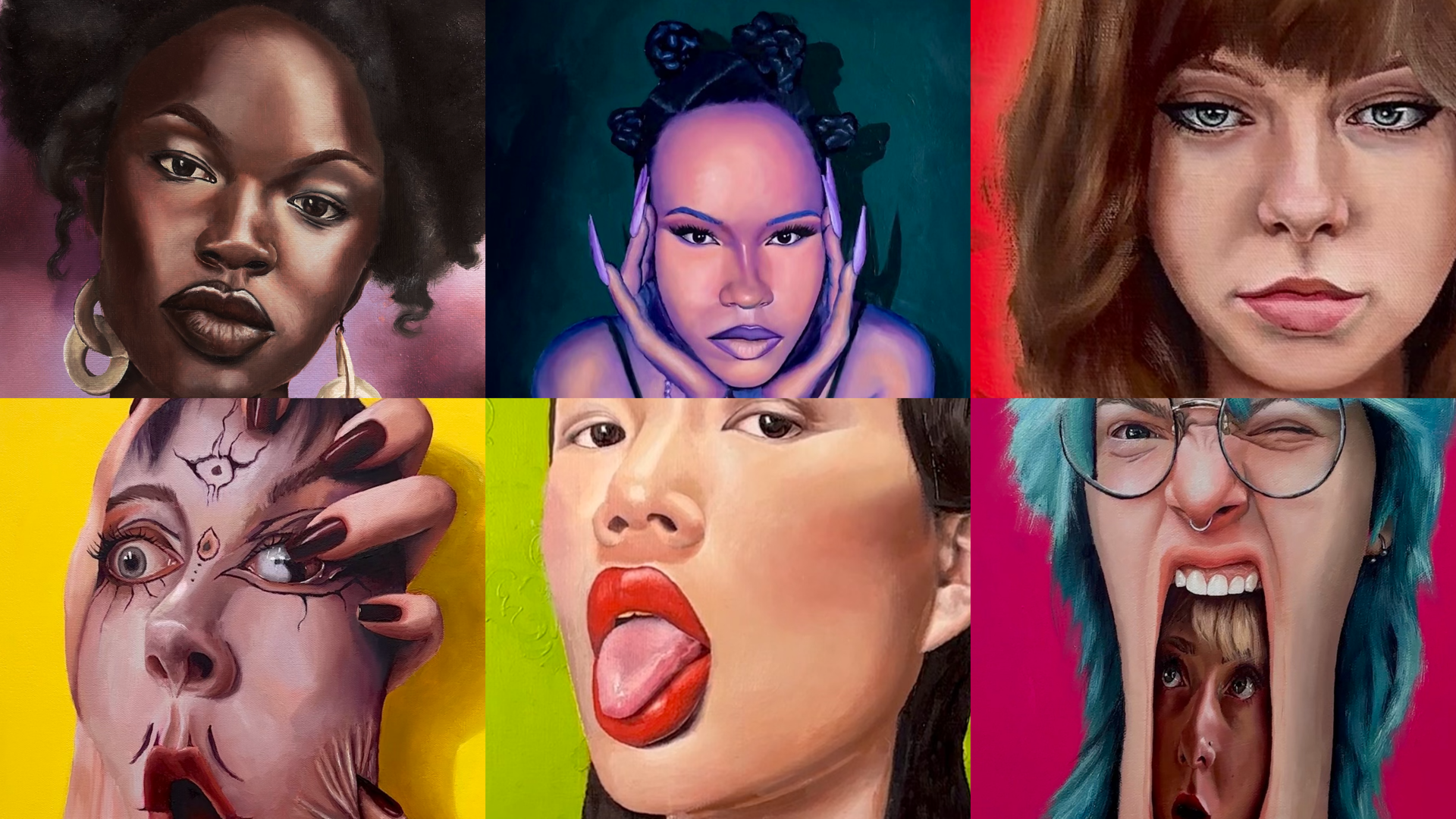 Collage of stylized portraits with exaggerated features on colorful backgrounds