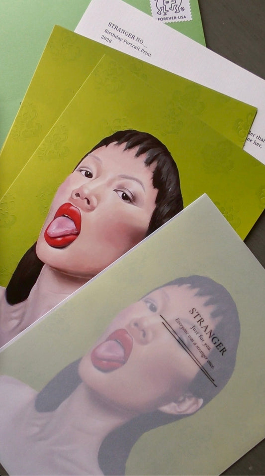 5x7 art prints with artistic depictions of faces and 'Stranger' branding on a surface.