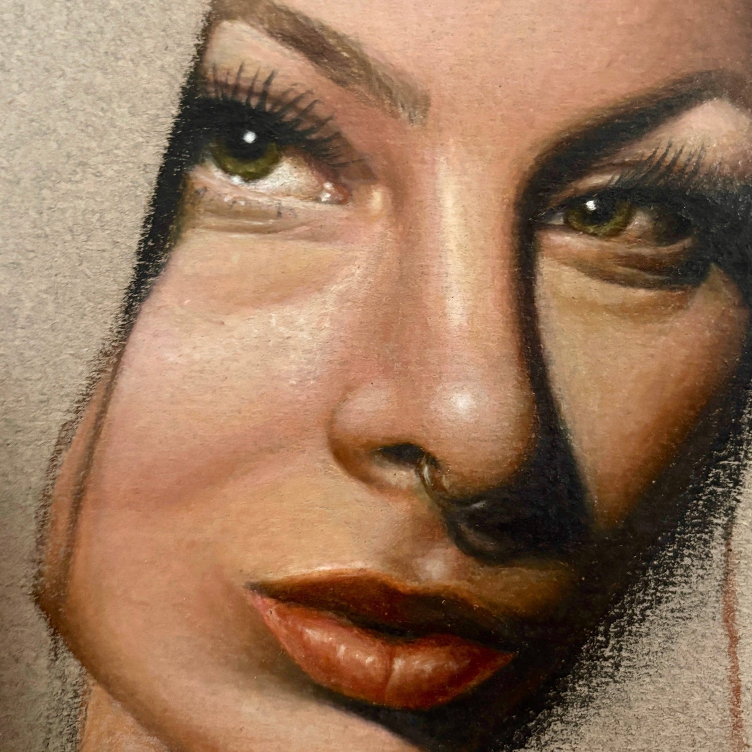 Close-up of a stylized colored pencil portrait with detailed shading on a beige background.