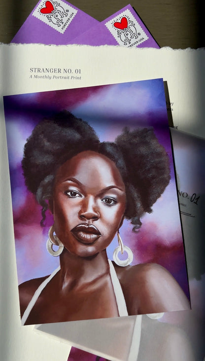 Card with a portrait of a woman on a purple background, surrounded by other cards.