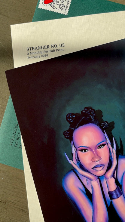 Illustration of a woman with braided hair on an art print, with a card labeled 'Stranger No. 02' in the background.