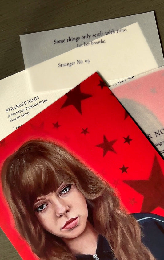 Art print of a woman with stars on a red background, featuring text and a card.