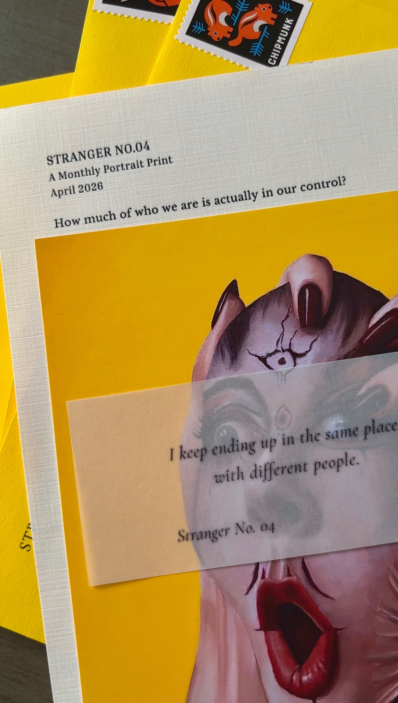 Artistic print with text and a stylized face on a yellow background
