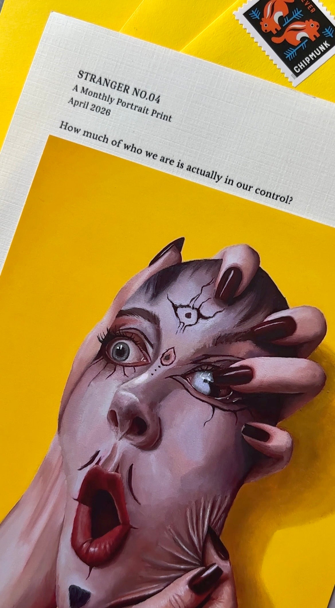 Illustration of a hand with a face on a yellow background, featuring text and a stamp.