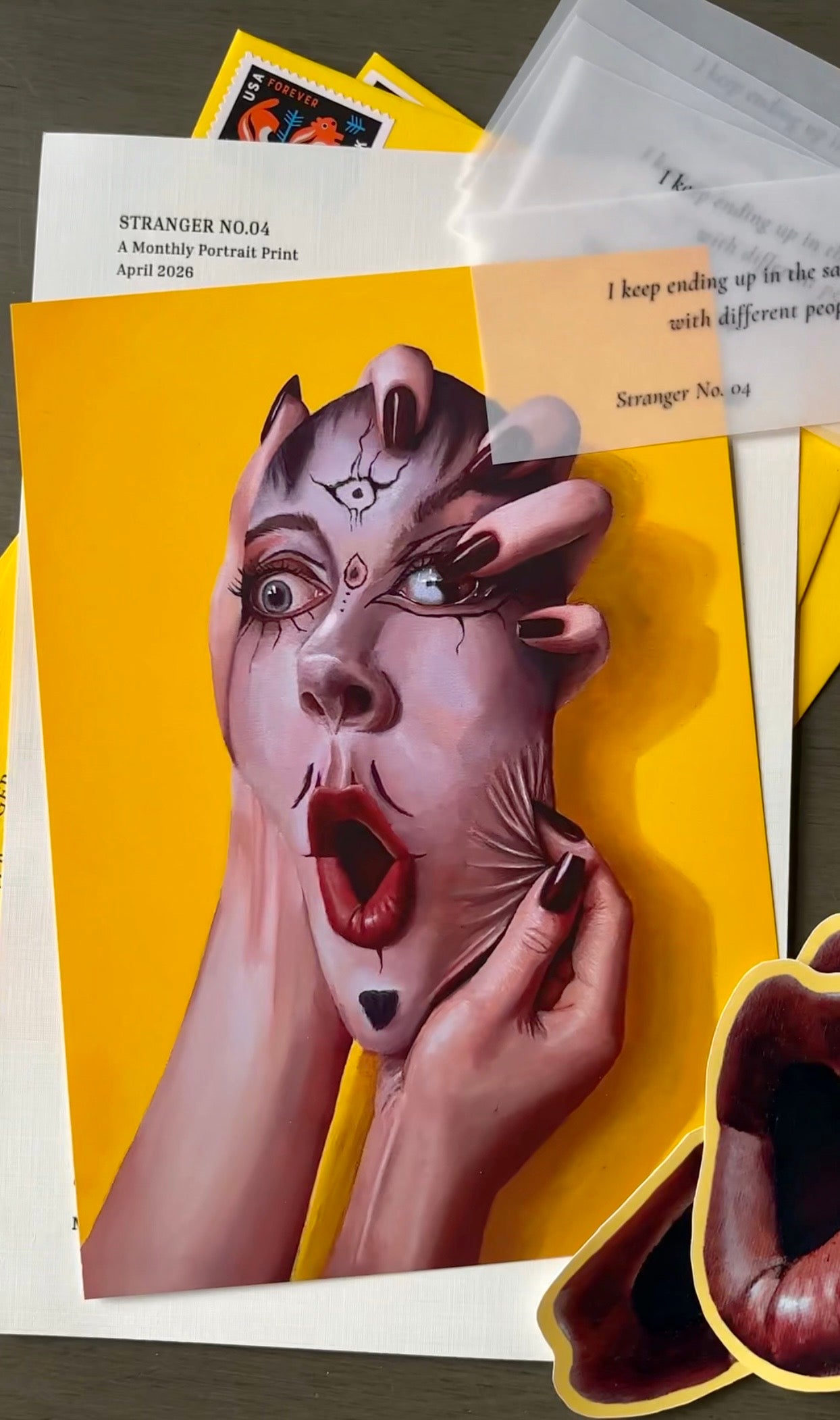 Artistic depiction of a face with hands holding a mask on a yellow background