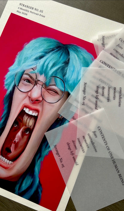 Stranger art print with blue hair and glasses on a colorful background